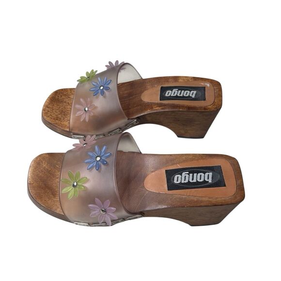 Vintage Y2K 90s Bongo Leather Buckle Wood Wedge Platform Open Toe Clogs Sz 6 - Picture 2 of 7